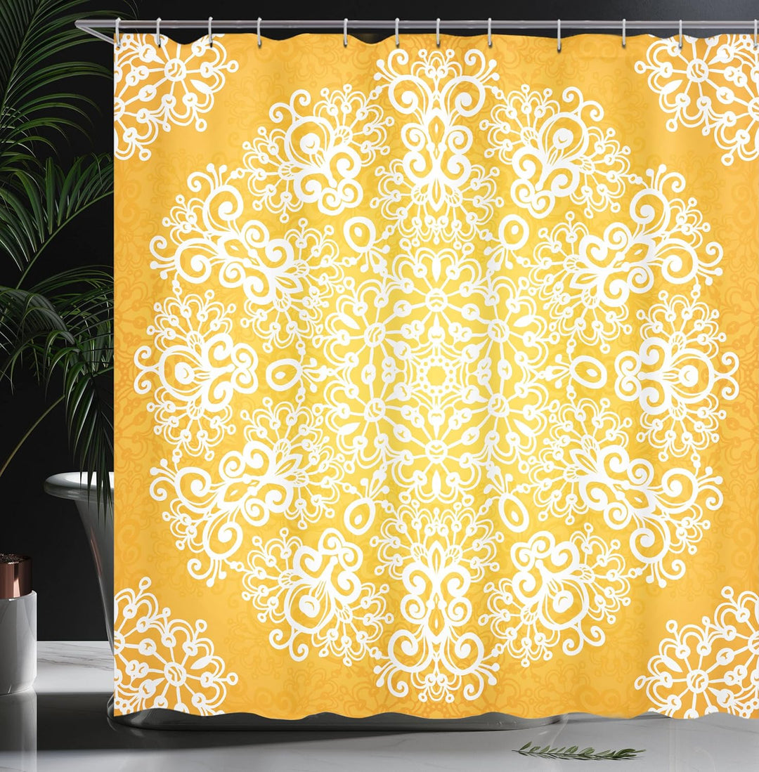 ABAKUHAUS Gelb Duschvorhang, Floral Schneeflocken, Pflegeleichter Stoff mit 12 Haken Wasserdicht Far