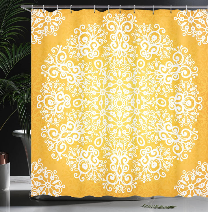 ABAKUHAUS Gelb Duschvorhang, Floral Schneeflocken, Pflegeleichter Stoff mit 12 Haken Wasserdicht Far
