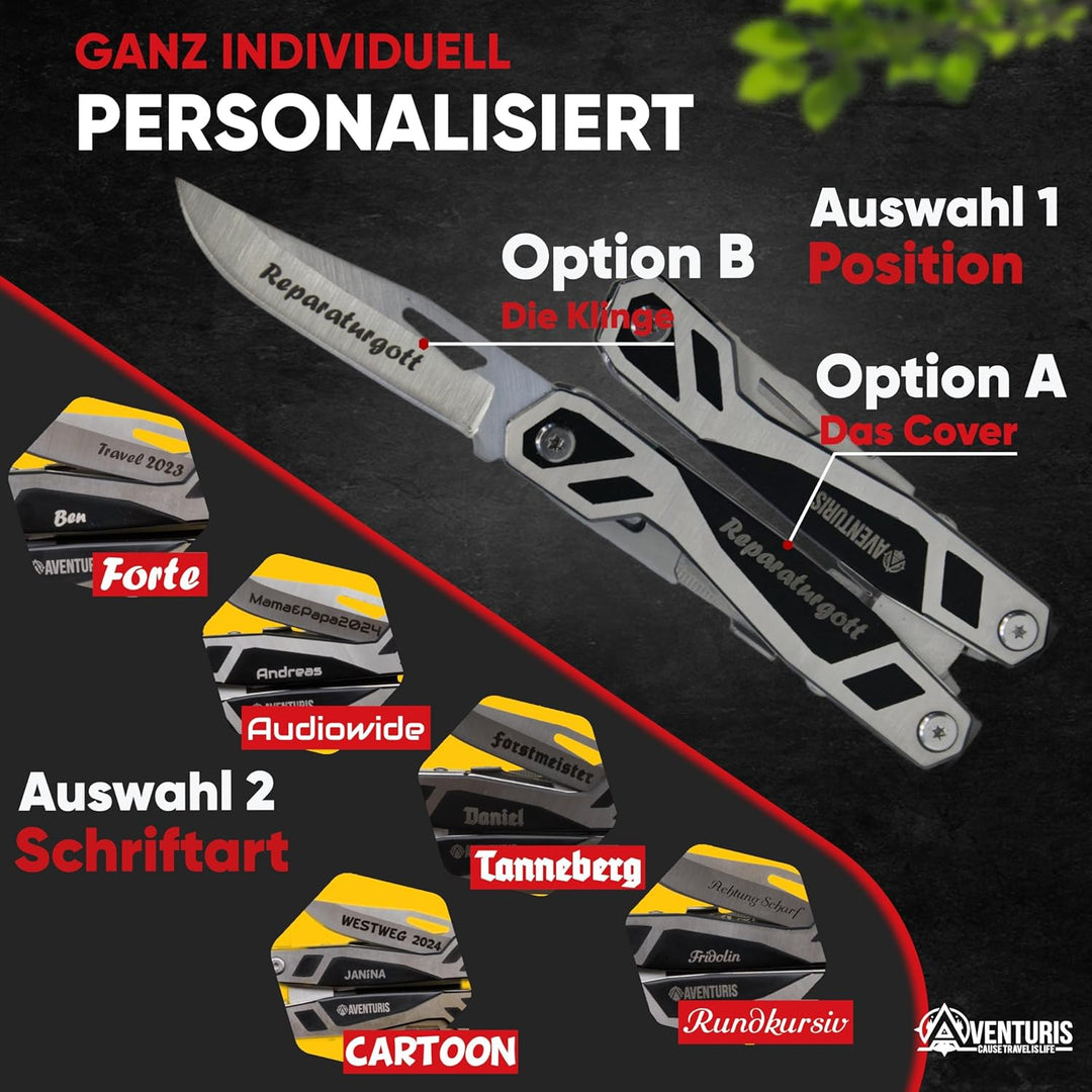 AVENTURIS® Multitool-Werkzeug -PERSONALISIERBAR- 21 Funktionen [Edelstahl] Ein Multifunktionswerkzeu