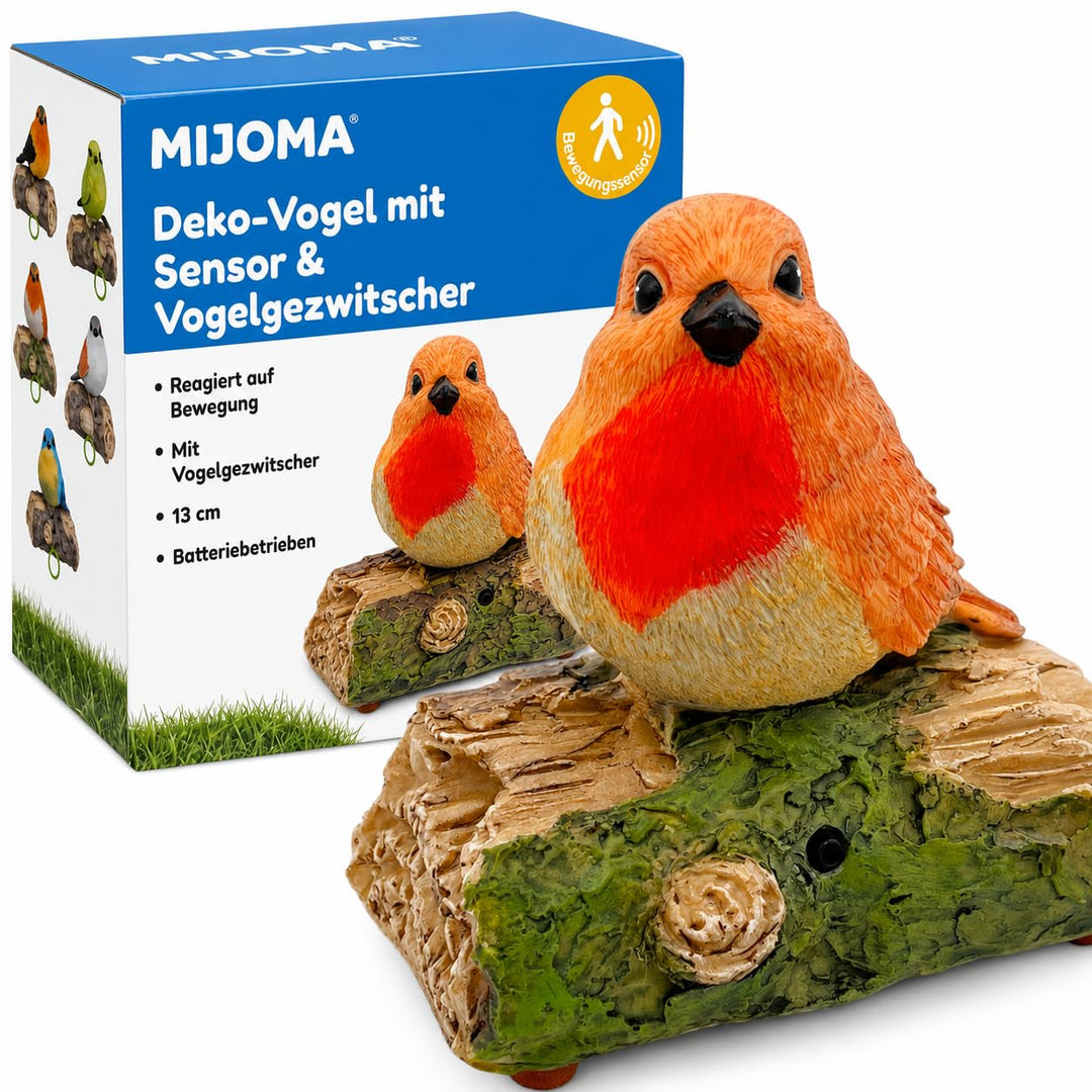 MIJOMA Dekovogel mit Vogelgezwitscher & Bewegungsmelder – Zwitschernder Vogel auf AST, Handbemalt, 1