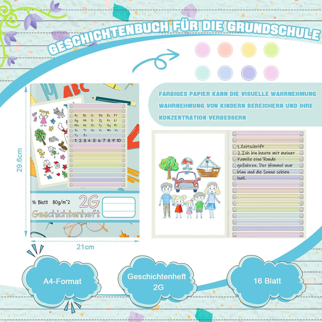jiawaggag 10 StückGeschichtenheft 2. Klasse Din A4 2G Schreibheft Lineatur 2 Farbig Liniert für Schr