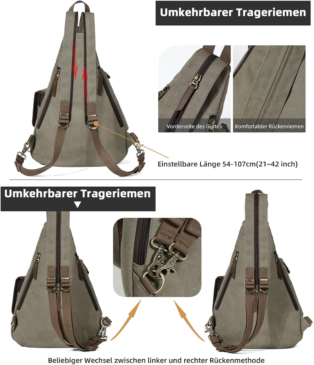 KL928 Canvas Sling Bag Herren und Damen, Crossbody Brusttasche Schulterrucksack Schultertasche Rucks