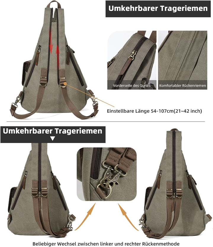 KL928 Canvas Sling Bag Herren und Damen, Crossbody Brusttasche Schulterrucksack Schultertasche Rucks