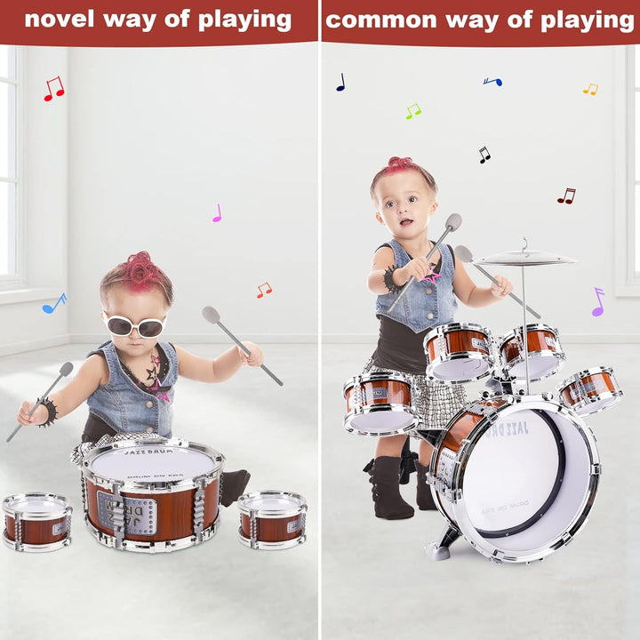 m zimoon Kinder Schlagzeug Schlagwerk Drumset, Jazztrommel Kleinkind Spielzeug 5 Trommeln mit Hocker