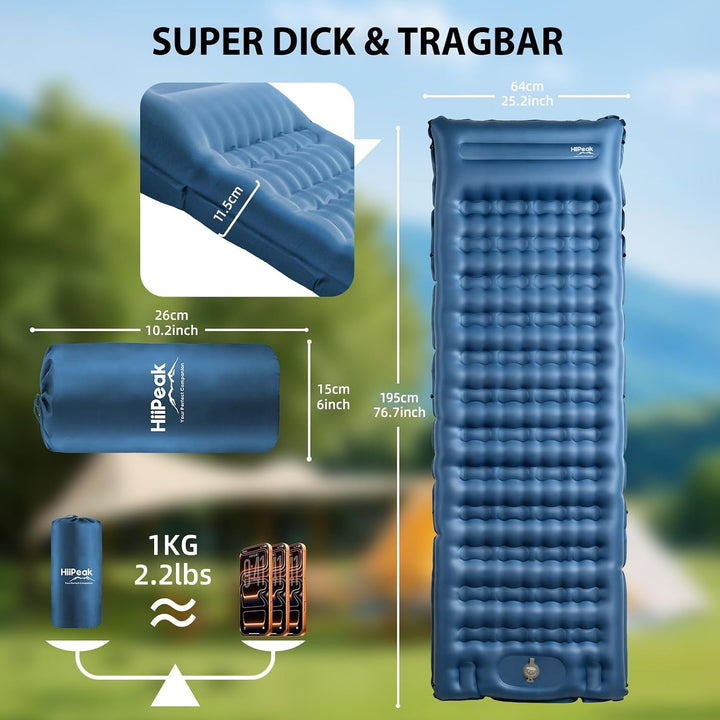HiiPeak Ultraleichte Isomatte aufblasend - Luftmatratze Camping mit integrierter Fusspumpe &amp; Kissen,