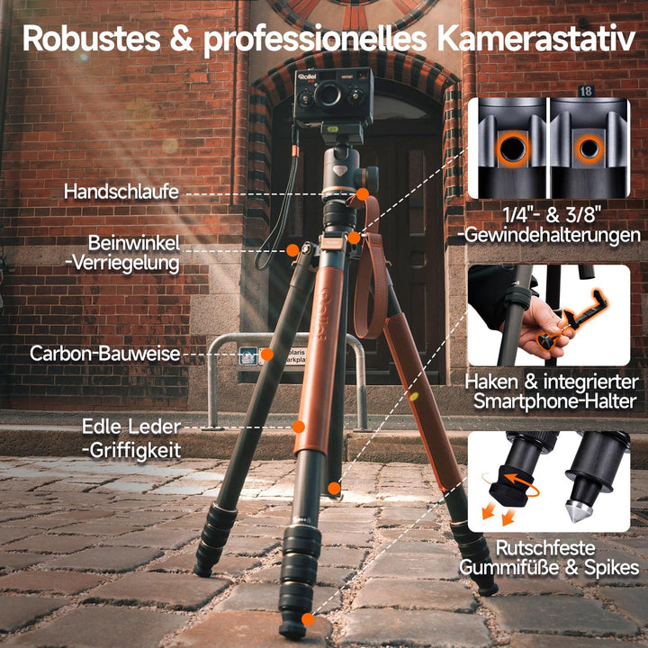 Rollei Kamerastativ C6i Carbon Heritage 174cm mit 360° Kugelkopf Arca Swiss | Robustes Stativ Kamera
