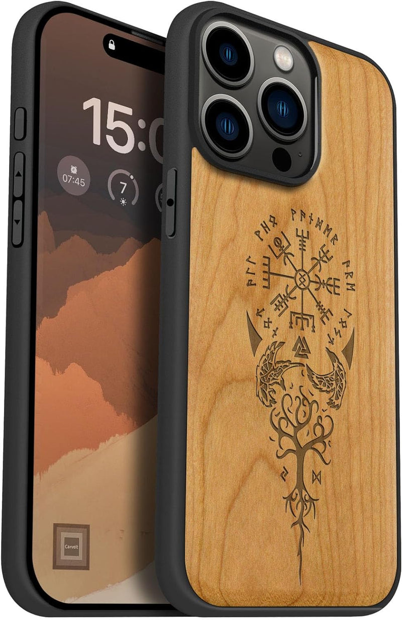 Carveit Holz Cover für iPhone 15 Pro Max hülle, Kompatibel mit Magsafe Silikon Stossfeste Cover, Mag