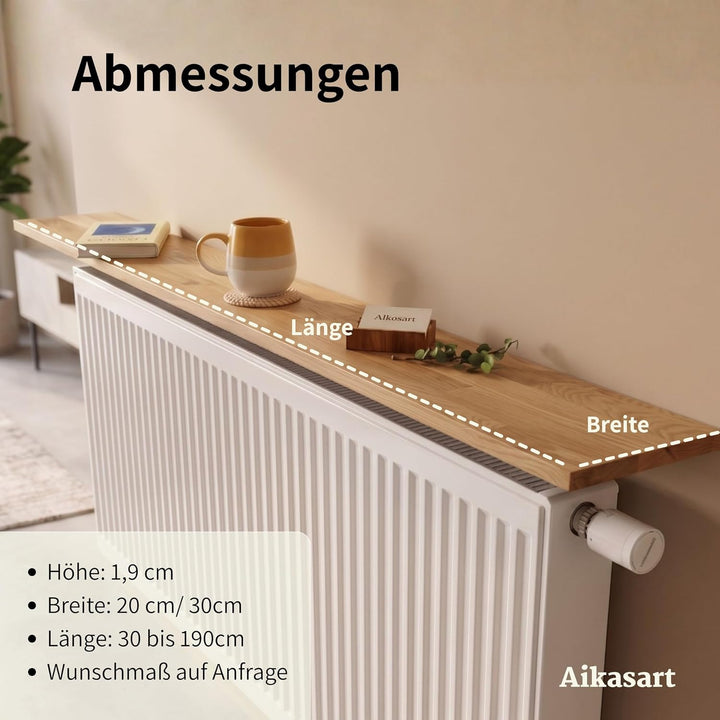 Heizungsregal Eiche Massiv – Ohne Bohren – Individuelle Länge 30-190 cm – Zum Aufstecken – Handgefer