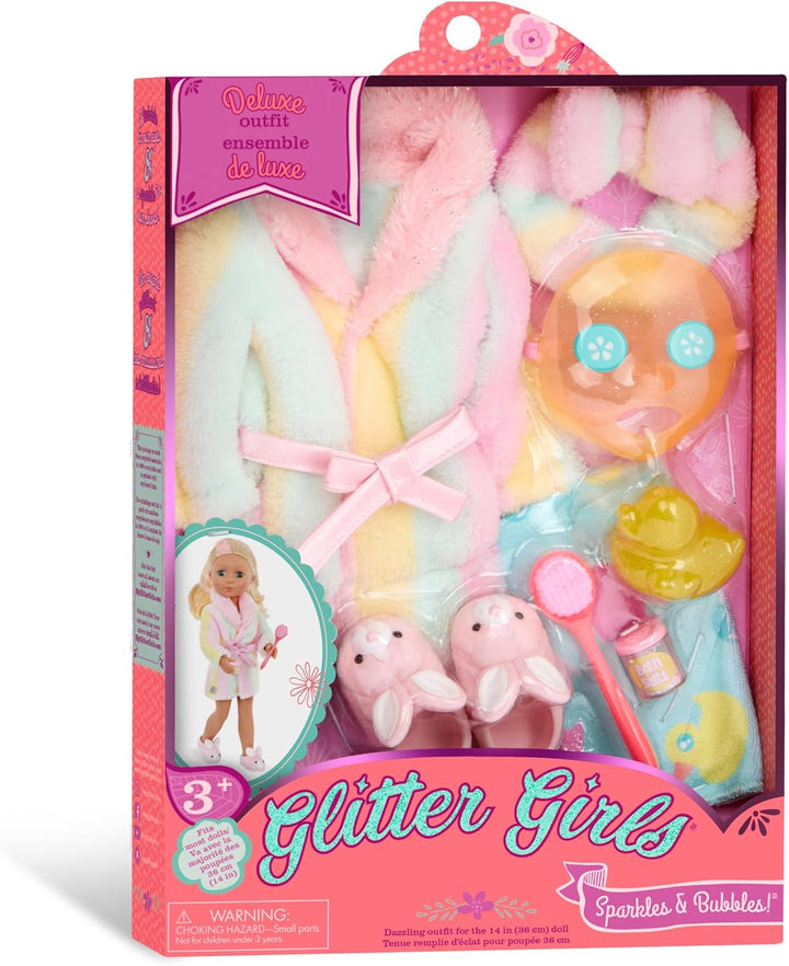 Glitter Girls - 36 cm Puppenkleidung - Badeoutfit mit Hausschuhen - Regenbogen Bademantel, Handtuch