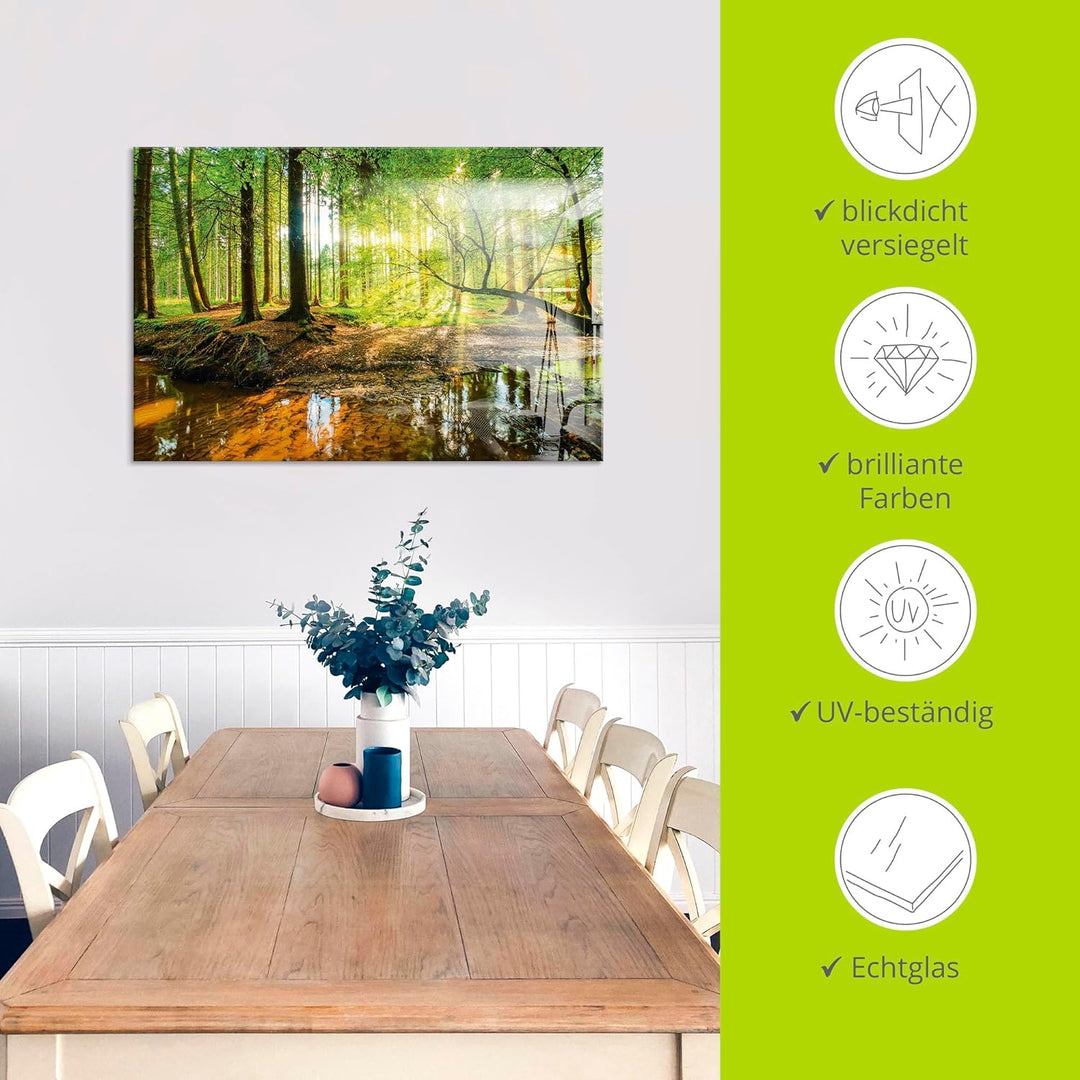 Glasbilder Wandbild Glas Bild einteilig 40x40 cm Quadratisch Wald Natur Landschaft Bäume Bach Sonne