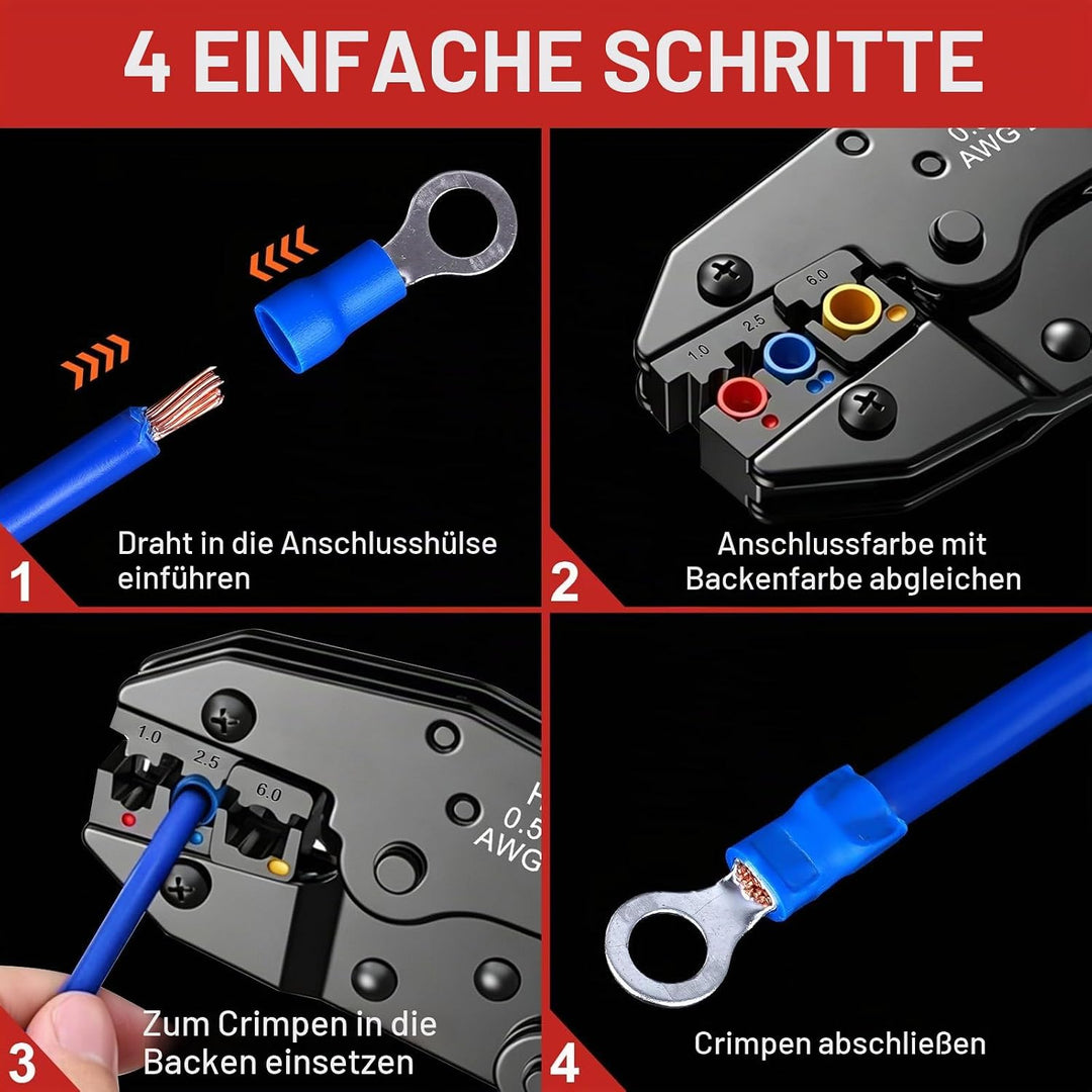 Crimpzange Set, Kabelschuhzange mit Ratschenfunktion für isolierte Verbinder 0,5-6mm², Crimpwerkzeug