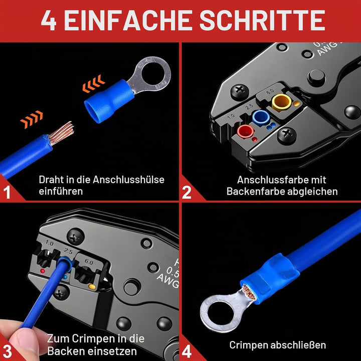 Crimpzange Set, Kabelschuhzange mit Ratschenfunktion für isolierte Verbinder 0,5-6mm², Crimpwerkzeug