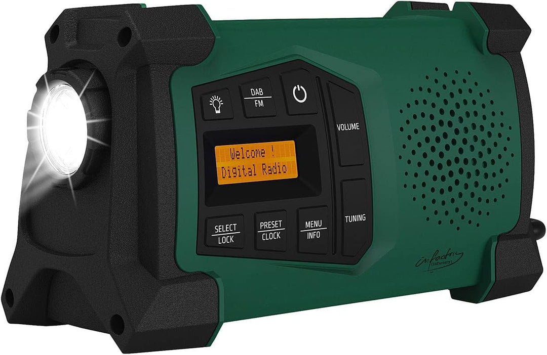 infactory Baustellenradio: Mobiles Kurbelradio mit DAB+, EWF-Funktion, Solarpanel, LED, USB (Dynamo