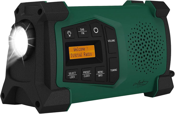infactory Baustellenradio: Mobiles Kurbelradio mit DAB+, EWF-Funktion, Solarpanel, LED, USB (Dynamo