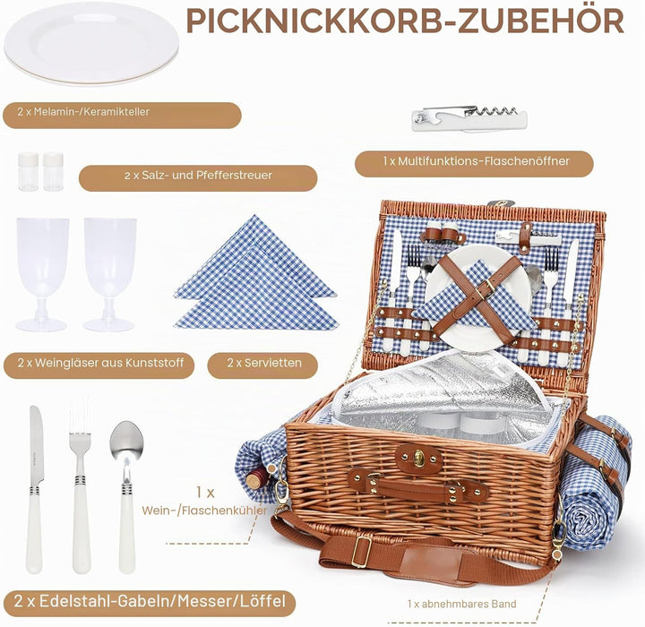 Picknickkörbe für 2, Picknickkorb mit wasserdichter Decke, Picknickkorb Set mit waschbarer Strandmat
