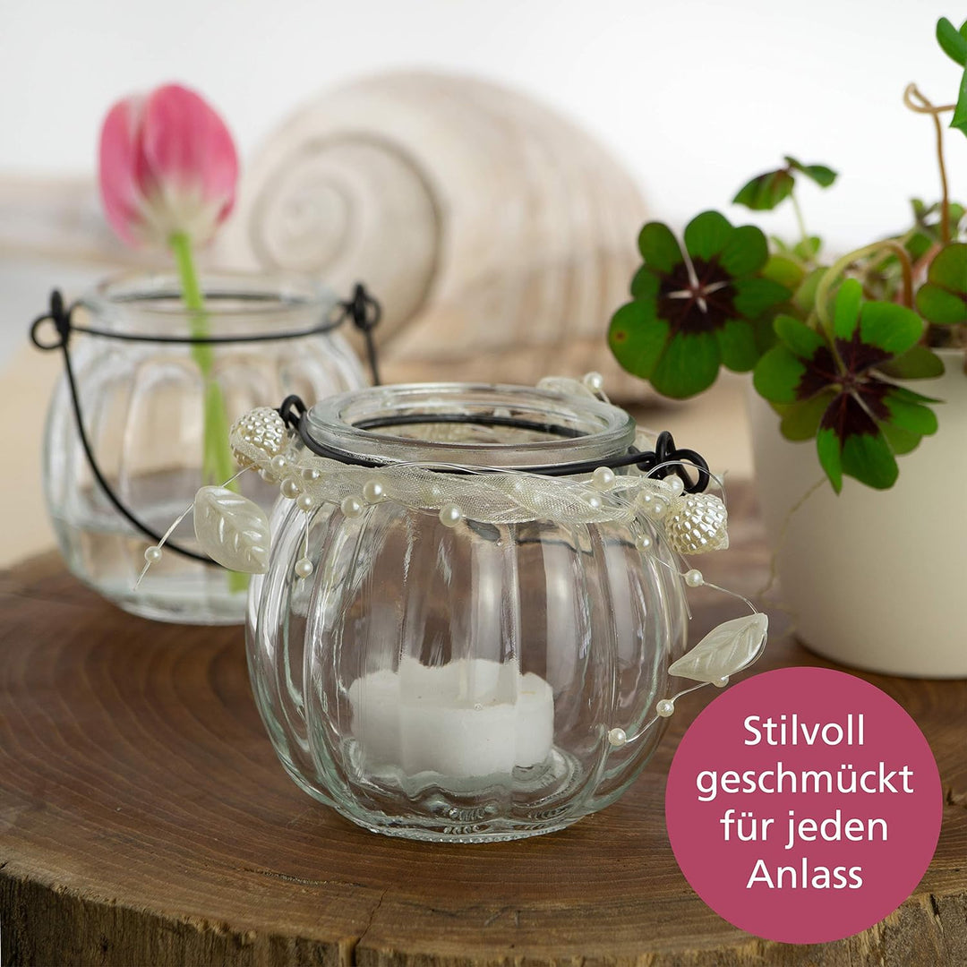 WeddingTree 12 x Windlicht Glas mit Bügel und Dekoband weiss - Teelichtgläser - Einfach Abnehmbarer