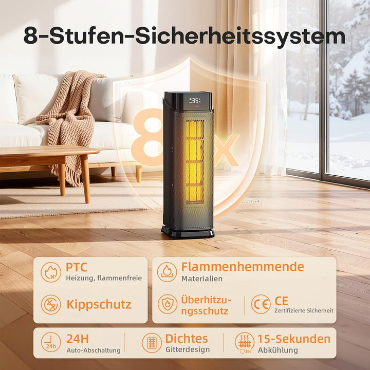 QEXREED Heizlüfter, 2000W PTC Heizlüfter Energiesparend mit 4 Modi, ECO-Energiesparmodus, 90° Oszill