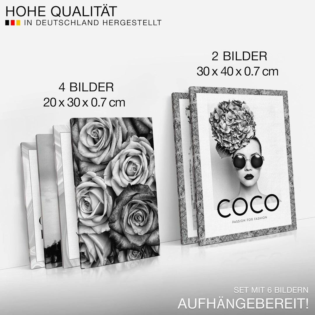 Novart Wandbilder Set Fashion Coco Schwarz Weiss - KEIN EXTRA RAHMEN BENÖTIGT - Modern Deko - Wohnzi