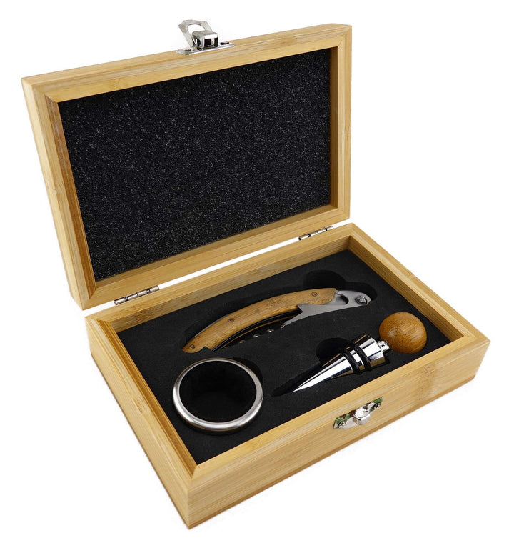 TigerTie - Wein-Set in Bambus-Box mit Kellnermesser/Korkenzieher, Weinkragen, Flaschenverschluss aus