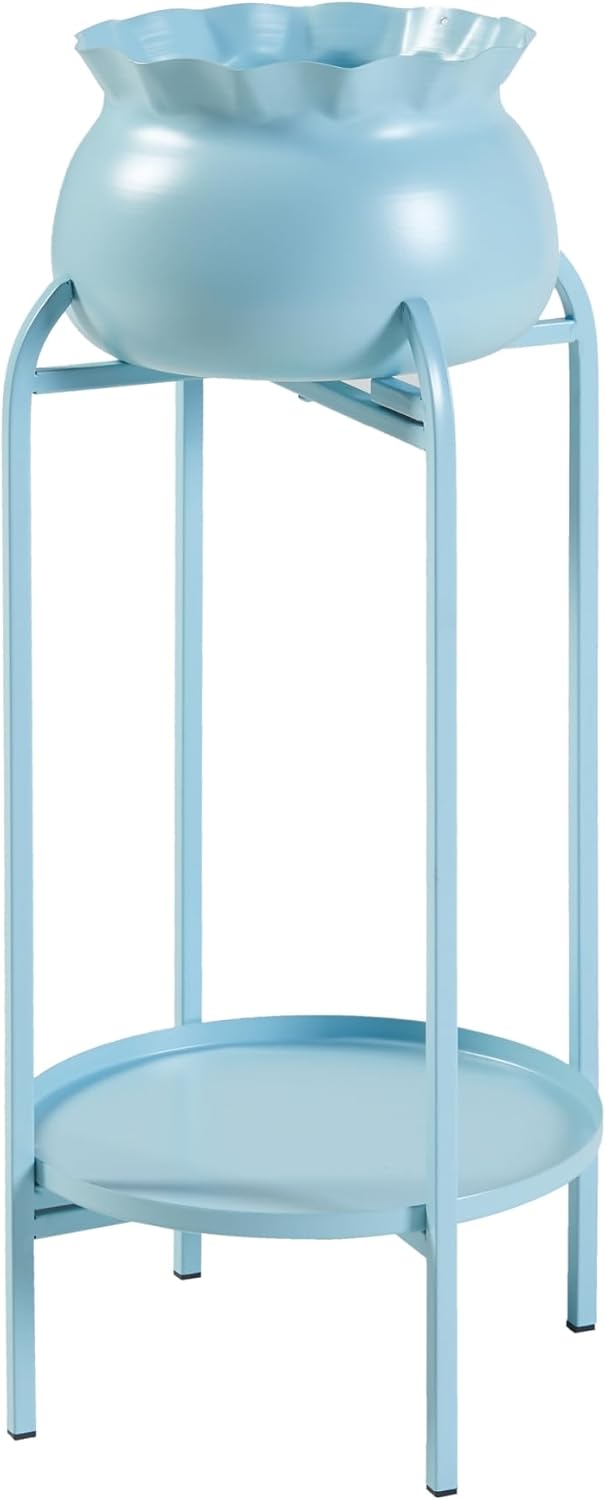 [en.casa] Blumenständer Altena Pflanzenständer mit Blumentopf und Ablage Metall Hellblau Pflanzenreg