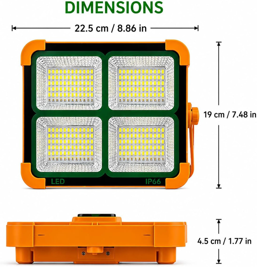 Jandei - 100 W Solar-LED-Strahler, tragbar. 5 Lichtmodi/336 LEDs. Mit Magnet und Halterung. USB/Sola