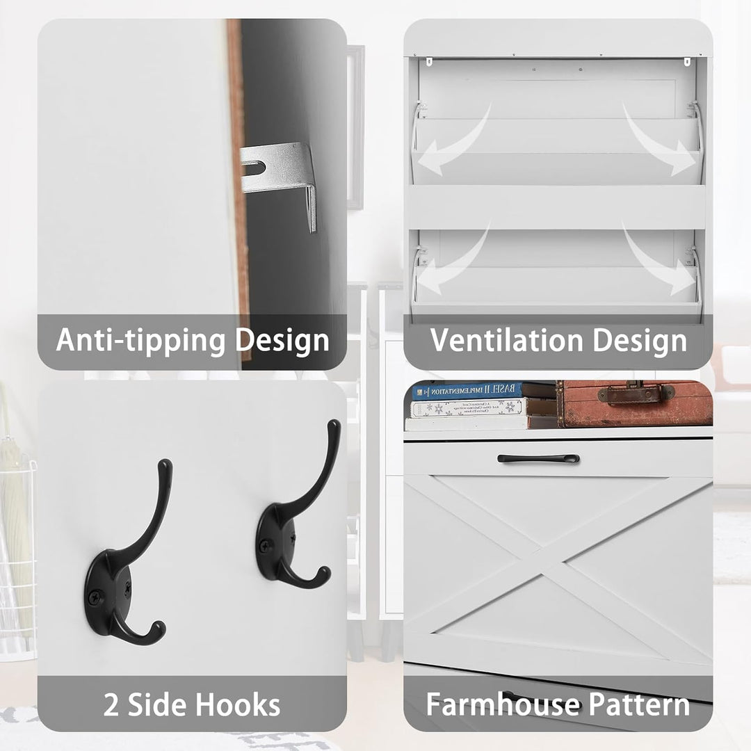 LELELINKY Schuhschrank mit 2 Klapp-Schubladen – Landhaus weiss Schuhorganizer für Flur – Schmaler Sc
