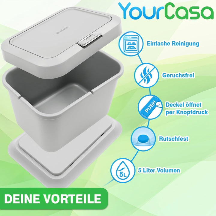 YourCasa® Biomülleimer Küche 5L - geruchsdichter Bio Mülleimer mit Deckel & Knopfdruck-Mechanismus -