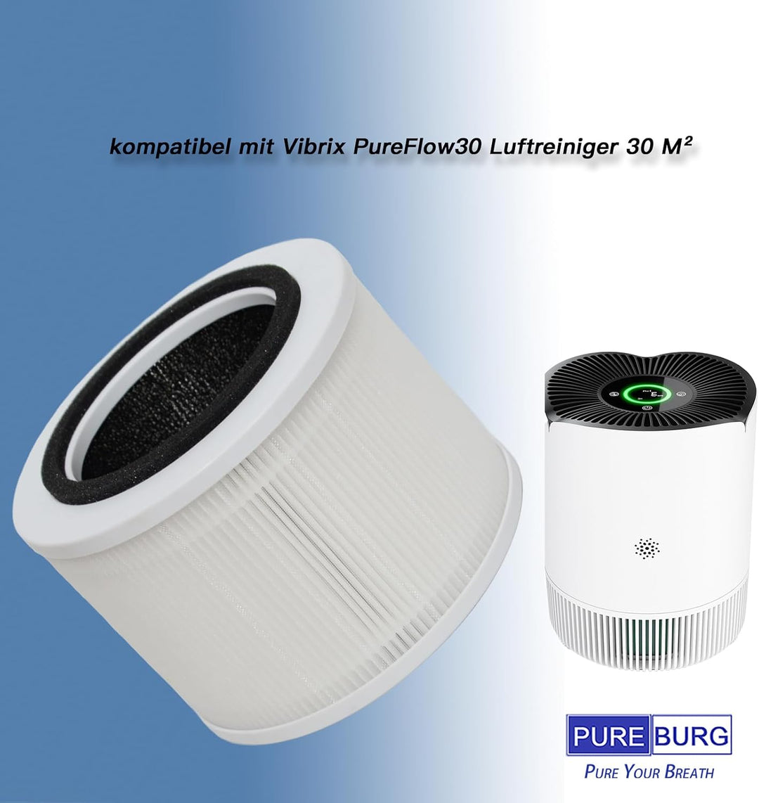 PUREBURG Ersatzfilter kompatibel mit Vibrix PureFlow30 Luftreiniger 30 M², 2er-Pack H13 HEPA Aktivko
