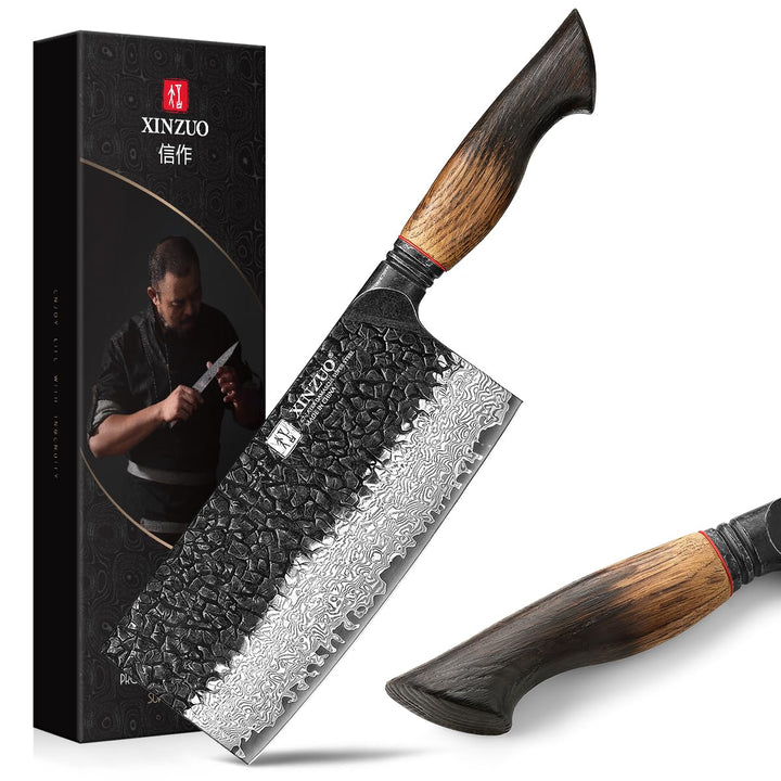 XINZUO Damaststahl Hackmesser 18,5cm Chinesisches Kochmesser -Profi Küchenmesser Hammerfinish Hackbe