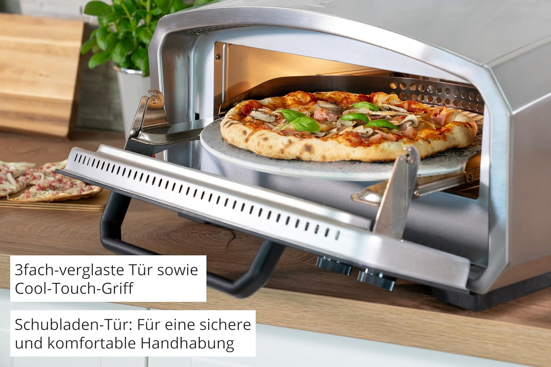 Unold 68916 Pizzaofen Enzo elektrisch rotierender Pizzastein 33cm ca. 500 °C 6 Programme für innen u