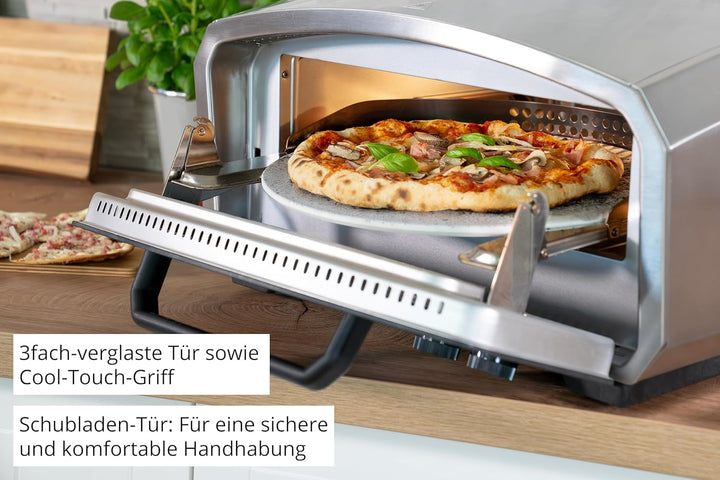 Unold 68916 Pizzaofen Enzo elektrisch rotierender Pizzastein 33cm ca. 500 °C 6 Programme für innen u
