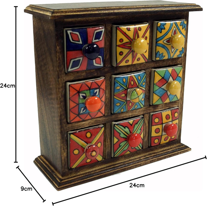 GURU SHOP Apothekerschränkchen mit Bunten Keramik Schubfächern, Gewürzkiste - 3x3 Fächer, 24x24x9 cm