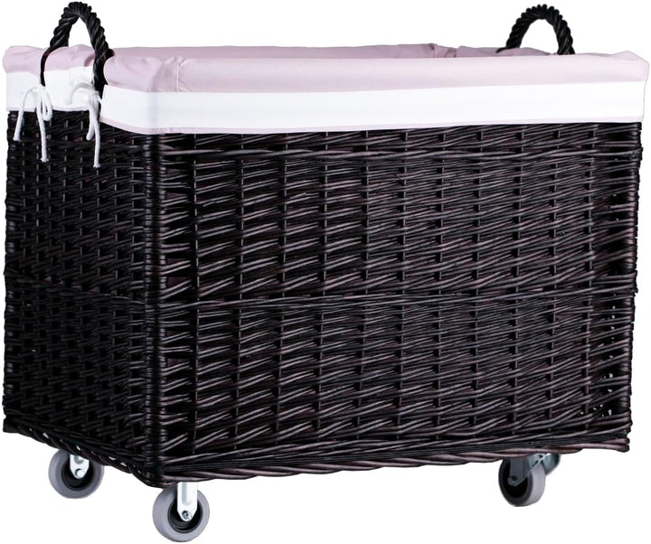 e-wicker24 Aufbewahrungstruhe, Wäschekorb, rechteckig, Weidenkorb mit Rollen und Stofffutter, Aufbew