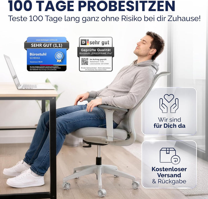 SCHEKKA Ergonomischer Bürostuhl [verstellbare Lordosenstütze] 3D-Armlehnen | Atmungsaktives Mesh | E