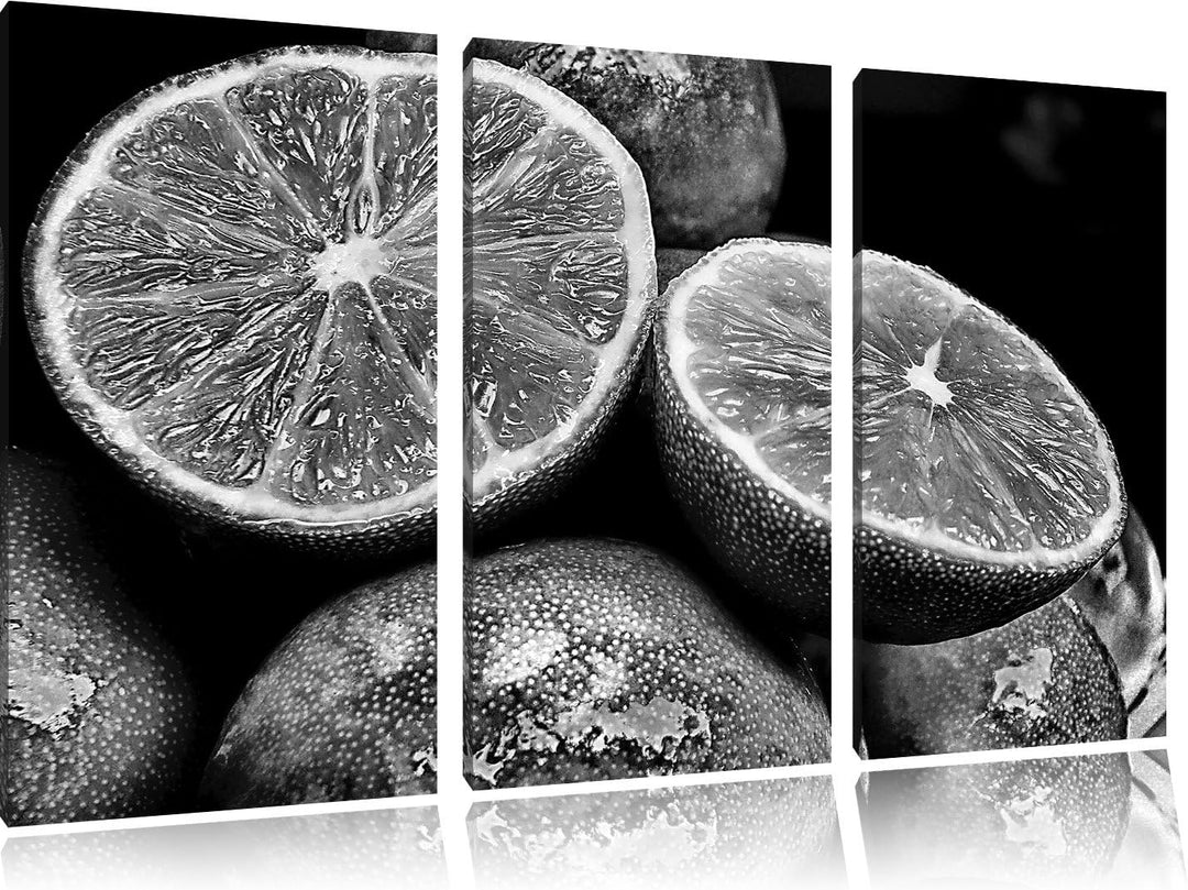 Pixxprint Monocrome, aufgeschnittene Limetten 3-Teiler Leinwandbild 120x80 Bild auf Leinwand