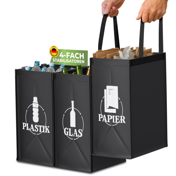 COTTARA® Mülltrennsystem 3fach Plastik, Glas, Papier | Stabiler Stand 4 x Stabilisatoren | Perfekt a