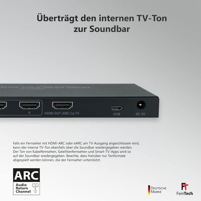 FeinTech VAX04101A HDMI eARC Pass Switch 4x1, für 3 HDMI-Quellen, Soundbar und TV Beamer 4K HDR Dolb