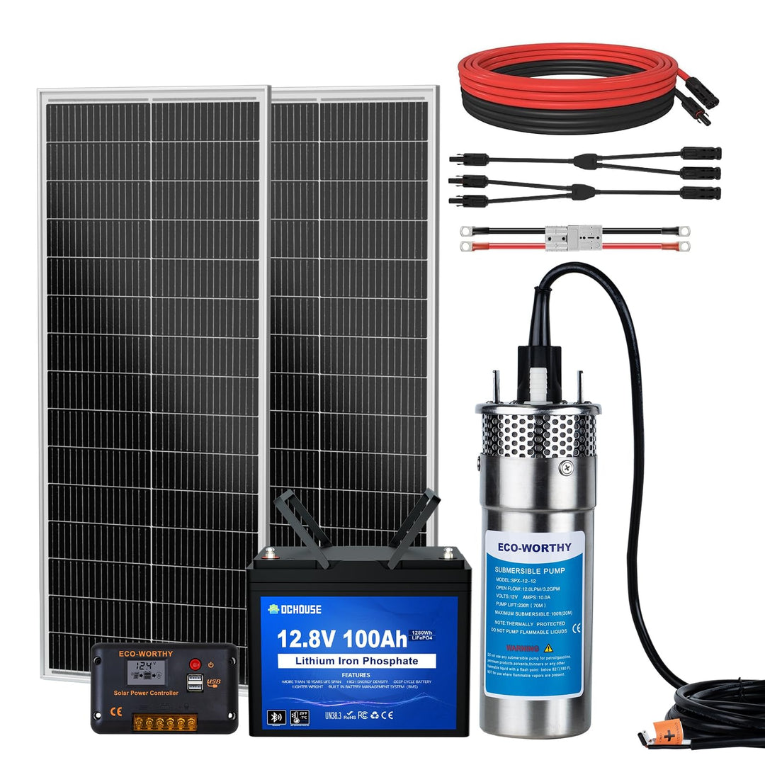 DCHOUSE Tiefbrunnen Wasserpumpenset, mit 12V DC Tauchwasserpumpe + 2 * 100W Solarpanel+100AH Bluetoo