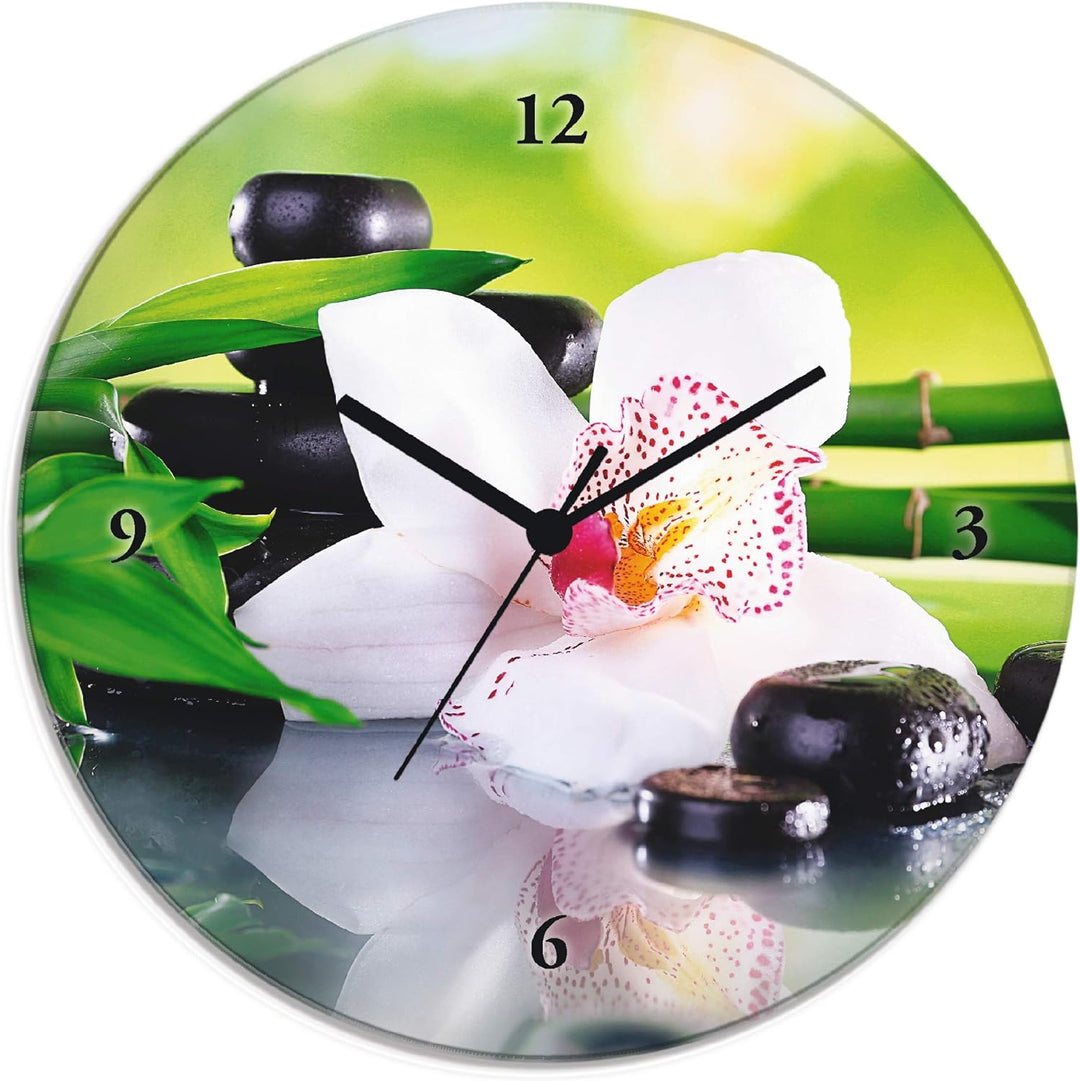 ARTLAND Wanduhr ohne Tickgeräusche Glas Quarzuhr Ø 30 cm Rund Lautlos Orchidee Zen Pflanze Spa Stein