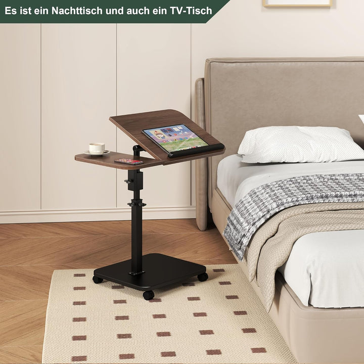 Beistelltisch mit Rollen Höhenverstellbar, Holz Couch Beistelltische c Form 360° Rotierend, Top Kipp