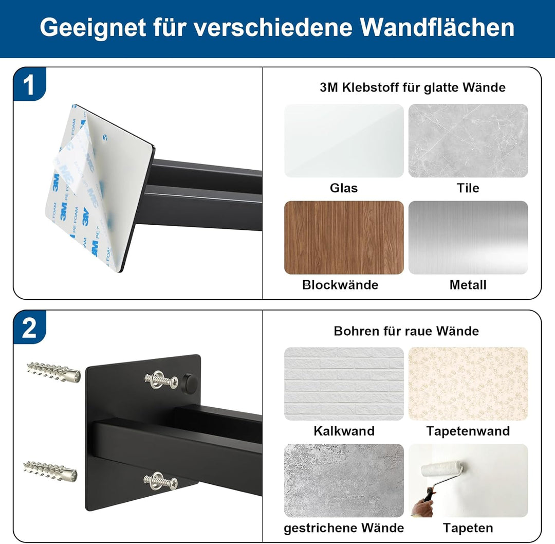JS Handtuchhalter ohne Bohren Schwarz/mit Bohren Handtuchstange SUS304 Edelstahl Wand für Bad & Küch