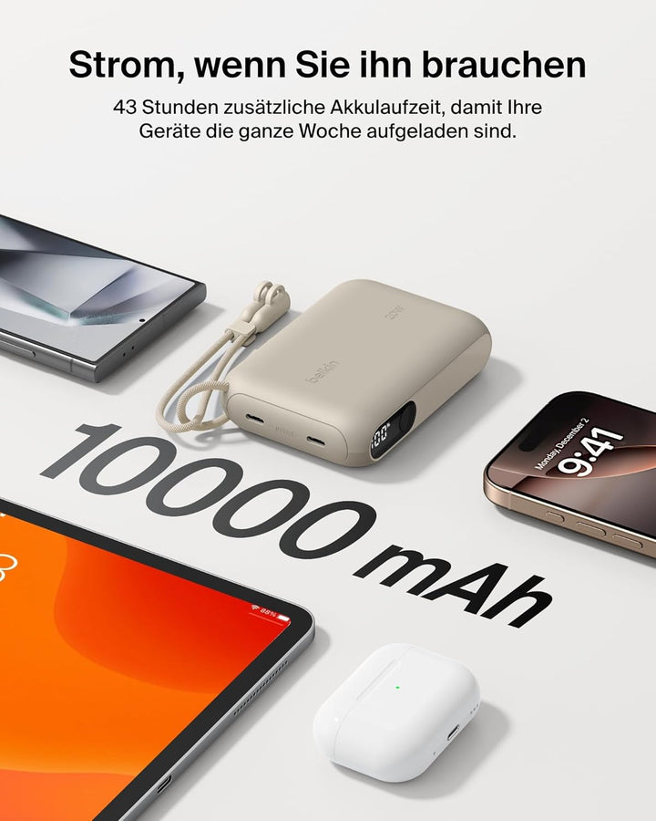 Belkin Powerbank 10.000 mAh, Powerbank mit 2 USB-C-Anschlüssen, Handyakkus mit Digitale Akkuanzeige,