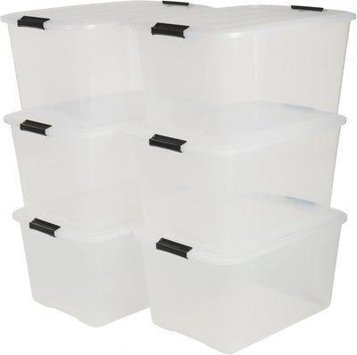 Iris Ohyama, 6er-Set, Aufbewahrungsboxen, 45 L, mit Clips, stapelbar, Wohnzimmer, Schlafzimmer, Gara