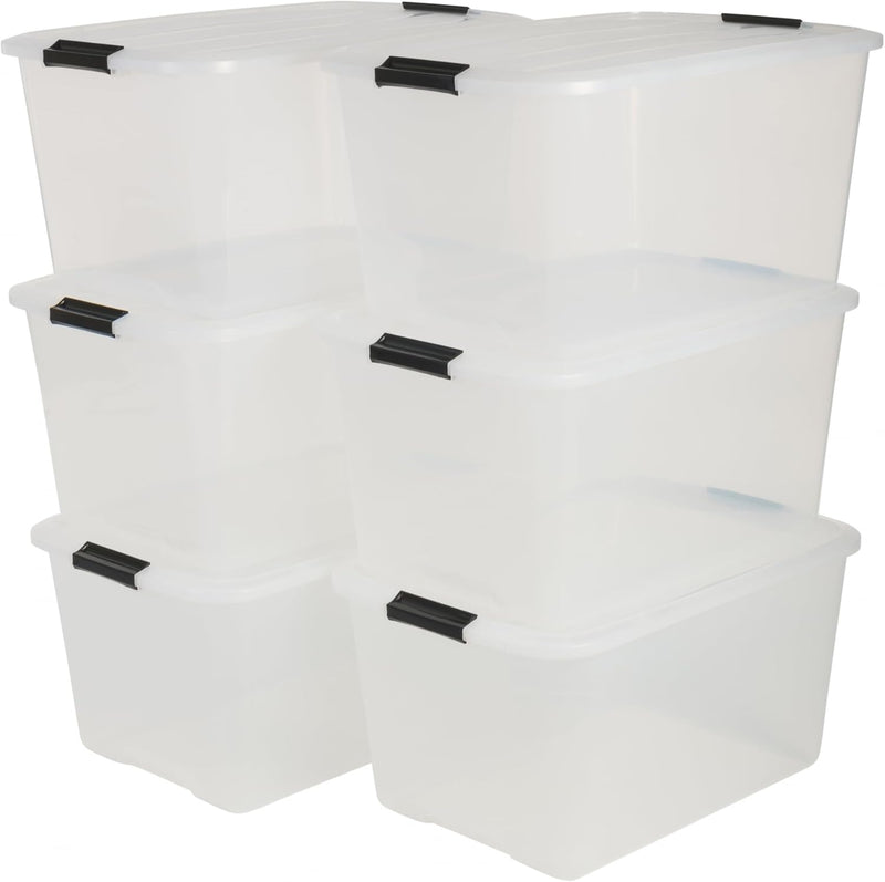 Iris Ohyama, 6er-Set, Aufbewahrungsboxen, 45 L, mit Clips, stapelbar, Wohnzimmer, Schlafzimmer, Gara