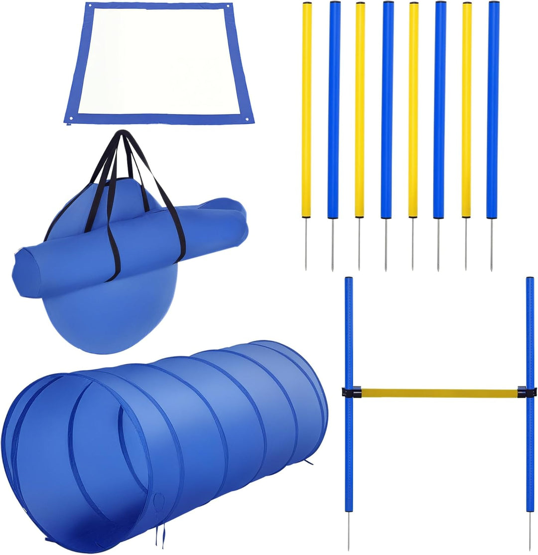 PawHut Agility-Übungs-Set Slalom-Hürden-Tunnel Hundesport Trainingsplatz PE+Polyester Blau+Gelb