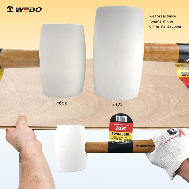 WEDO Gummihammer Weiss 680g (24oz), Hartgummihammer mit Holzgriff, Verlegehammer mit zwei Seiten, Lä