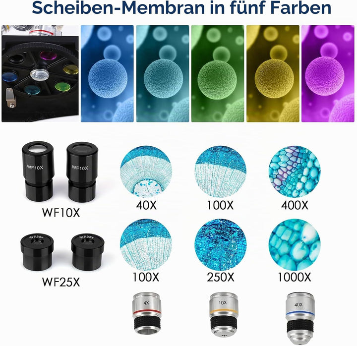 Cowiewie Professionelles Binokulares Mikroskop 40X-1000X lichtdurchlässig und reflektierend Auf- und
