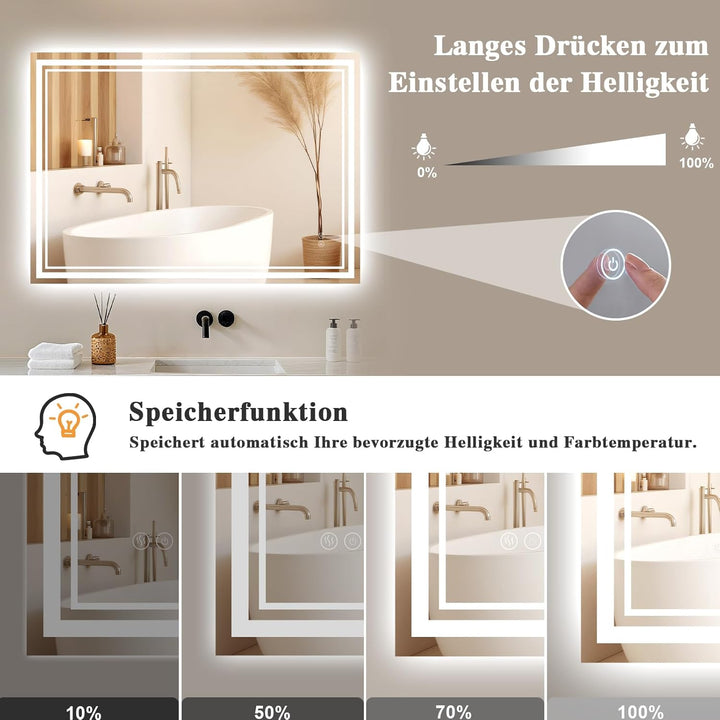 Badspiegel mit Beleuchtung 40x60cm - Badezimmer-Spiegel-LED - Badezimmerspiegel mit Beschlagfrei Tou