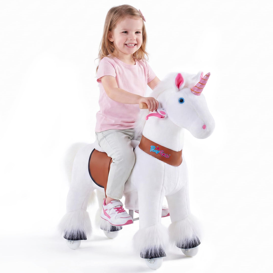 PonyCycleEinhorn Reitpferd für Kinder 3-4 Jahre, 76cm Hoch, Spielpferd mit Handbremse und Klang, Wei