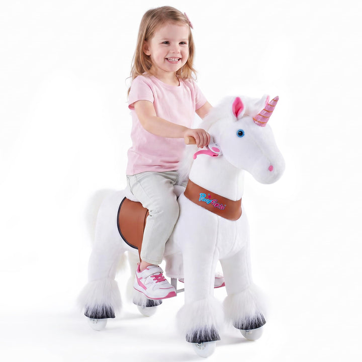 PonyCycleEinhorn Reitpferd für Kinder 3-4 Jahre, 76cm Hoch, Spielpferd mit Handbremse und Klang, Wei